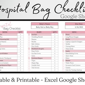 Hospital Bag Checklist for Labor and Delivery Google Sheets, New Mom Baby, Maternity Hospital Bag Essentials, Birth Bag Packing List Planner image 1