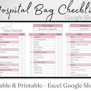 Hospital Bag Checklist for Labor and Delivery Google Sheets, New Mom Baby, Maternity Hospital Bag Essentials, Birth Bag Packing List Planner image 1