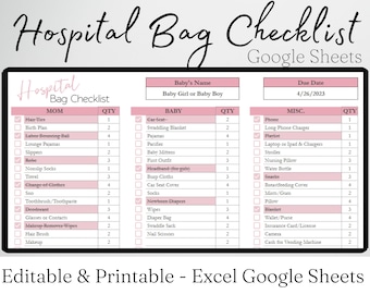 Hospital Bag Checklist for Labor and Delivery Google Sheets, New Mom Baby, Maternity Hospital Bag Essentials, Birth Bag Packing List Planner