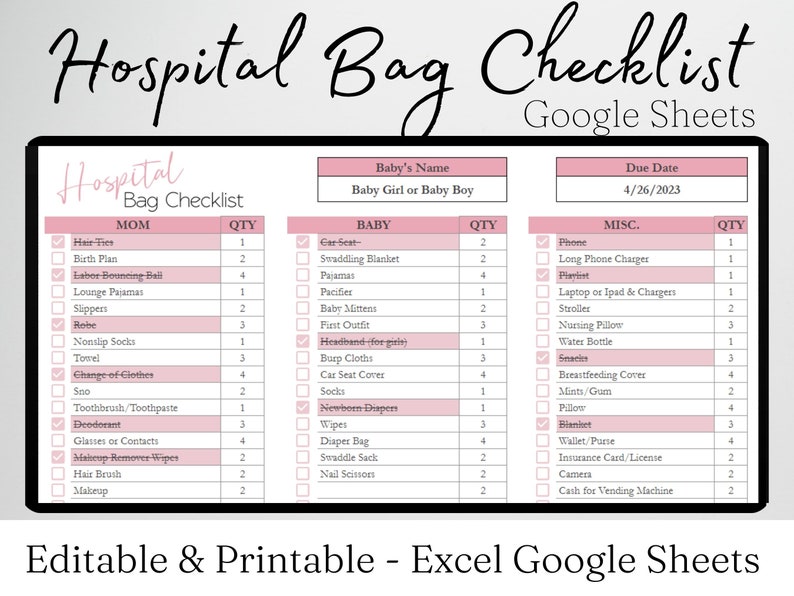 Hospital Bag Checklist for Labor and Delivery Google Sheets, New Mom Baby, Maternity Hospital Bag Essentials, Birth Bag Packing List Planner image 1