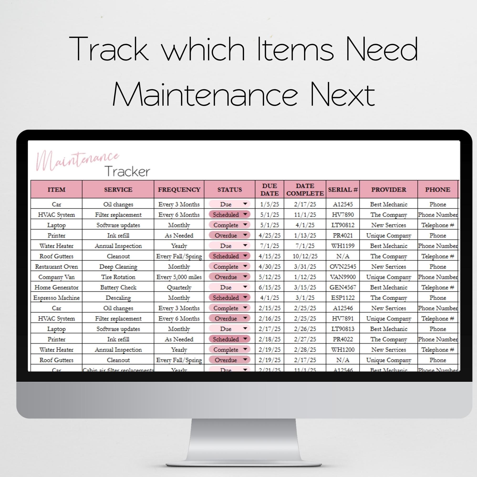 Maintenance Tracker Template, Service Schedule, Machine Maintenance ...
