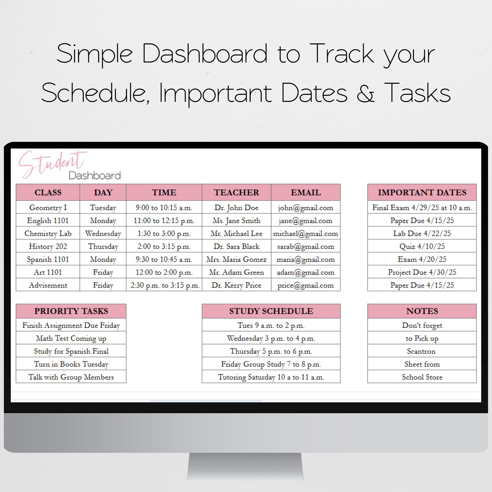Student Planner Google Sheets, Academic Planner Spreadsheet, College ...