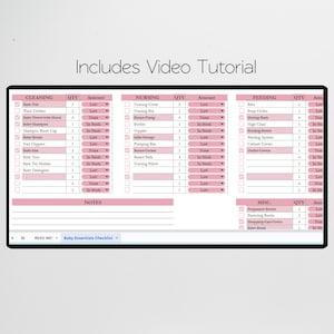 May include: A pink and white checklist with the title "Baby Essentials Checklist". The checklist is divided into sections for cleaning, nursing, feeding, and misc. Each section has a list of items with a quantity and amount column. The checklist includes items such as bath toys, bottles, bibs, and pregnancy books.