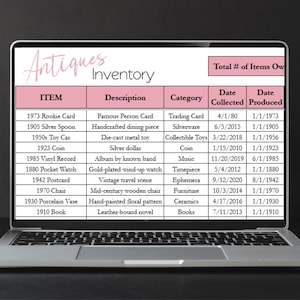 May include: A laptop screen displays an "Antiques Inventory" spreadsheet. The pink-highlighted table lists items like a rookie card, silver spoon, toy car, and vinyl record, with descriptions, categories, and dates.