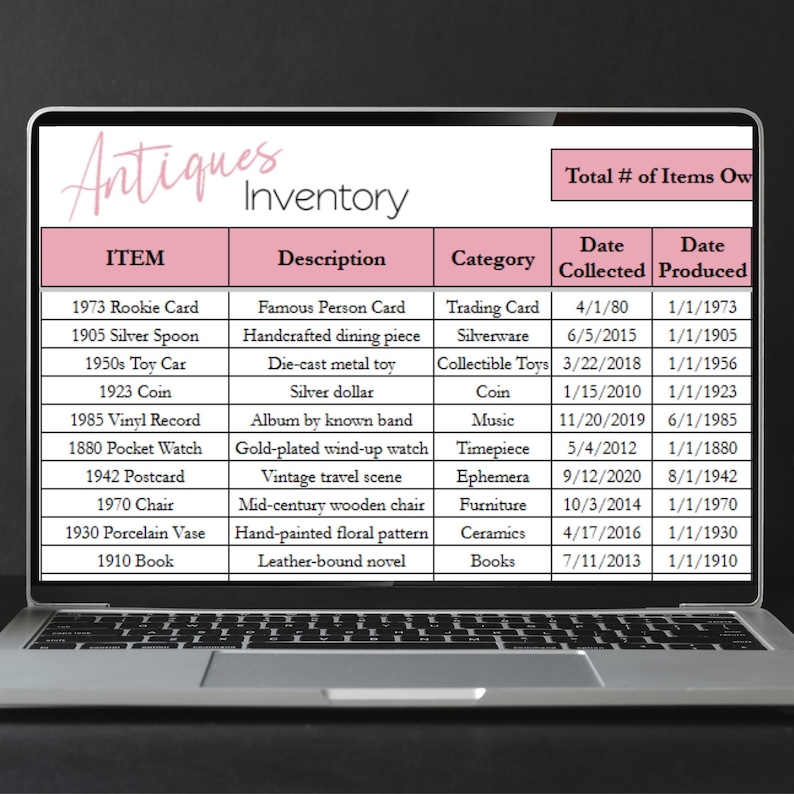 May include: A laptop screen displays an "Antiques Inventory" spreadsheet. The pink-highlighted table lists items like a rookie card, silver spoon, toy car, and vinyl record, with descriptions, categories, and dates.