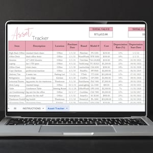 May include: A spreadsheet on a laptop screen titled "Asset Tracker" lists various office equipment, their descriptions, locations, purchase dates, brands, model numbers, costs, depreciation rates, and depreciation start dates. The total value of the assets is $75,652.00 and the total number of assets is 15.