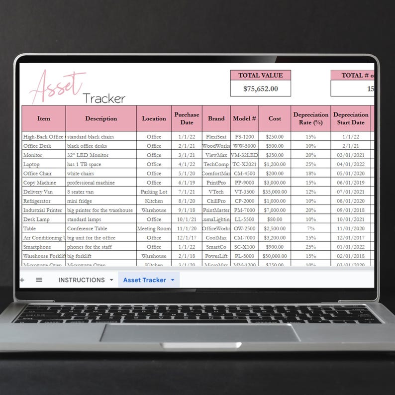 May include: A spreadsheet on a laptop screen titled "Asset Tracker" lists various office equipment, their descriptions, locations, purchase dates, brands, model numbers, costs, depreciation rates, and depreciation start dates. The total value of the assets is $75,652.00 and the total number of assets is 15.
