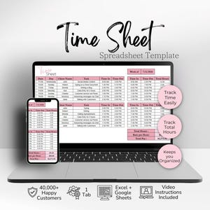 Op de afbeelding: Een digitaal urenregistratie spreadsheet sjabloon weergegeven op een laptop en smartphone scherm. De interface bevat roze koppen, kolommen voor datum, klantnaam, taak, in- en uitlogtijd en totaal aantal uren voor tijdregistratie.