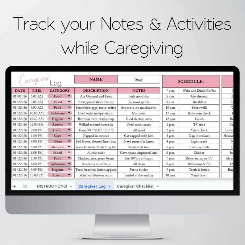 Caregiver Log Template, Caregiver Checklist, Medication Log, Elder Care