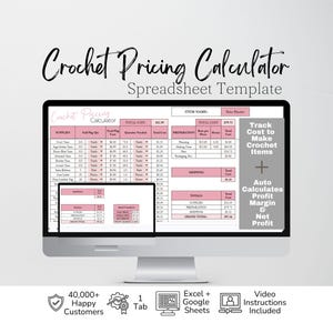 May include: A digital Crochet Pricing Calculator spreadsheet template displayed on a computer monitor. The interface features pink and white tables for tracking supplies, preparation, and shipping costs, with text including Crochet Pricing Calculator.