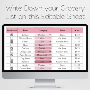 May include: A computer monitor displays a pink and white grocery list template. The text at the top reads "Write Down your Grocery List on this Editable Sheet." The list includes items like lettuce, chicken breast, and apples.