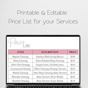 May include: A laptop screen displays a pink and white price list for cleaning services. The list includes items like regular cleaning, deep cleaning, and commercial cleaning, with corresponding descriptions and prices. The text "Printable & Editable Price List for your Services" is at the top.