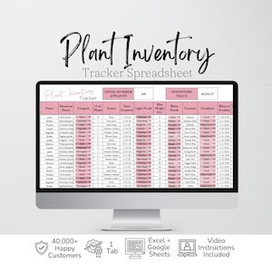 May include: A digital plant inventory tracker spreadsheet displayed on a computer monitor. The interface features pink headers with columns for name, botanical name, category, source, date acquired, light needs, max height in inches, and water needs.