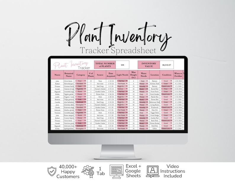 May include: A digital plant inventory tracker spreadsheet displayed on a computer monitor. The interface features pink headers with columns for name, botanical name, category, source, date acquired, light needs, max height in inches, and water needs.
