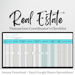 Realtor Transaction Checklist, Real Estate Excel Spreadsheets, Transaction Coordinator Tracker, Transaction Coordinator Templates Checklist