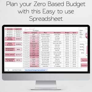 May include: A computer monitor displays a spreadsheet titled "Zero Based Budget." The spreadsheet is organized with income, expenses, and budget tracking. The text "Plan your Zero Based Budget with this Easy to use Spreadsheet" is at the top.