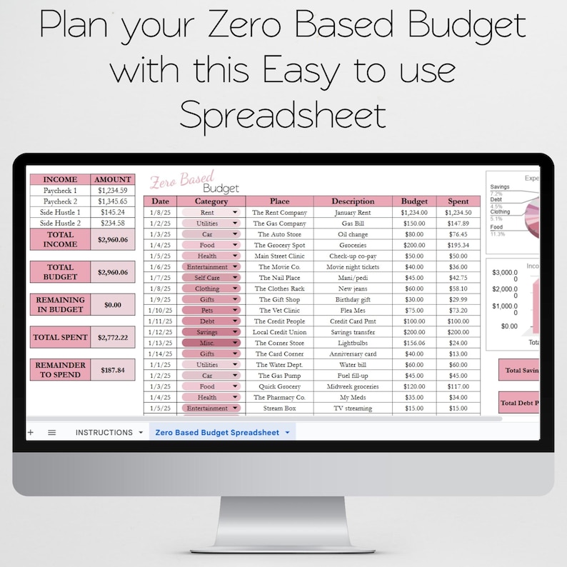 May include: A computer monitor displays a spreadsheet titled "Zero Based Budget." The spreadsheet is organized with income, expenses, and budget tracking. The text "Plan your Zero Based Budget with this Easy to use Spreadsheet" is at the top.