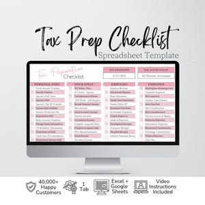 May include: A computer monitor displaying a Tax Prep Checklist spreadsheet template with pink headers and white checkboxes. The screen shows sections for personal info, expenses, tax deadlines, and accountant details, with text labels throughout.