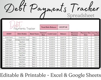 Debt Payments Tracker Excel Spreadsheet, Debt Tracker Google Sheets, Debt Tracker Excel, Debt Free Tracker, Debt Payoff Tracker Credit Card