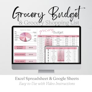 May include: A computer monitor displays a grocery budget spreadsheet with a pink color scheme. The screen shows expense categories, planned budget, and total spent. Text at the top reads "Grocery Budget & Grocery Shopping List."