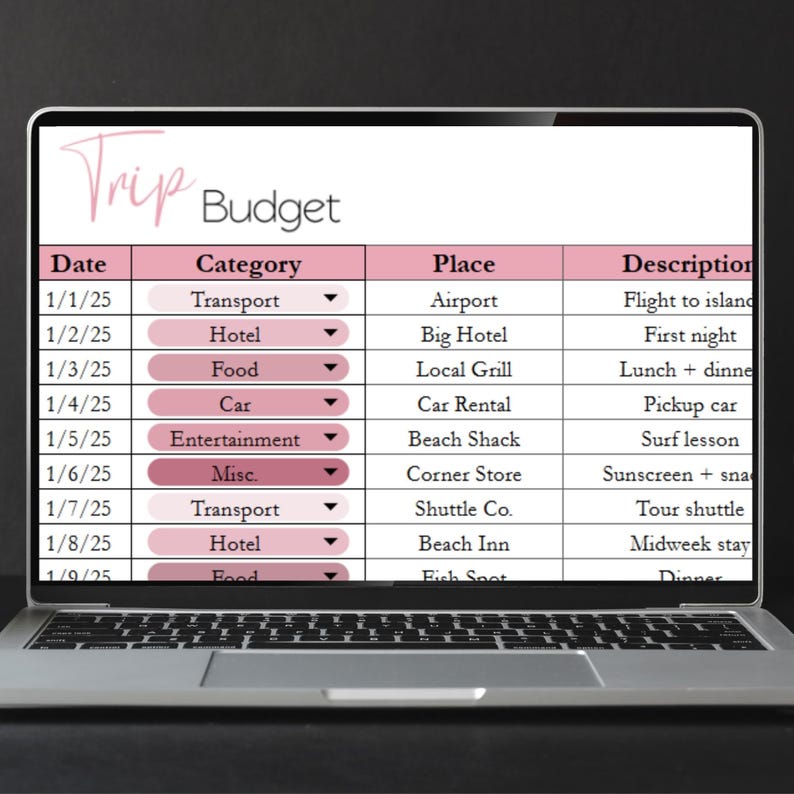 K&ouml;nnte beinhalten: Ein Laptop mit einer rosa-wei&szlig;en Reisebudget-Tabelle. Die Tabelle enth&auml;lt Spalten f&uuml;r Datum, Kategorie, Ort und Beschreibung, mit Eintr&auml;gen wie "Transport", "Hotel" und "Essen".