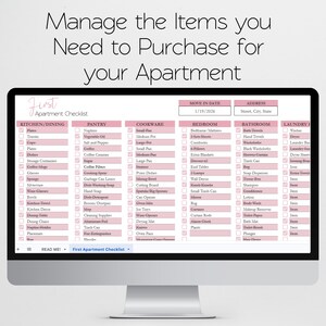 First Apartment Checklist Template Excel Spreadsheet, Our First Apartment Planner Google Sheets, Furniture Inventory, College Apartment List image 2
