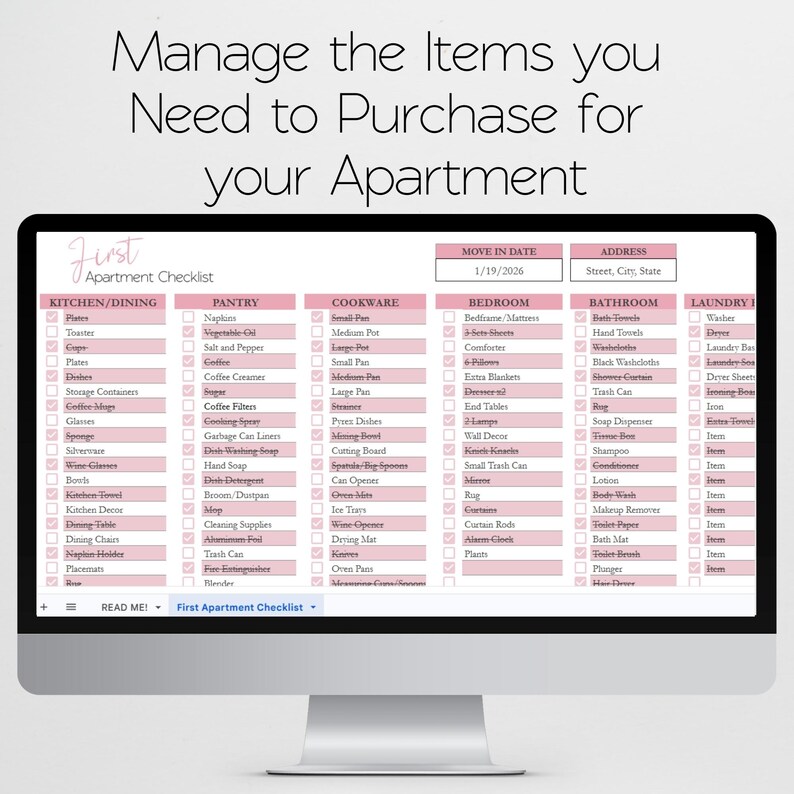 First Apartment Checklist Template Excel Spreadsheet, Our First Apartment Planner Google Sheets, Furniture Inventory, College Apartment List image 2