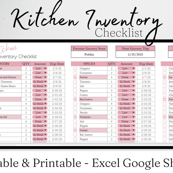 Kitchen Inventory Template, Pantry Inventory Spreadsheet List, Freezer Kitchen Supplies, Spice Refrigerator Food Checklist Excel Planner