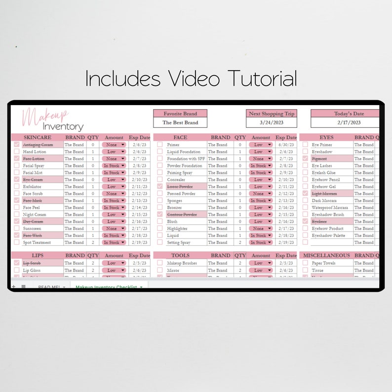 Planilha de Organização de Inventário de Maquiagem, Maquiadora, Planejadora de Maquiagem, Organizadora de Coleção de Maquiagem em Excel imagem 2