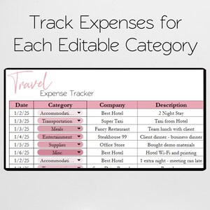 May include: A travel expense tracker with editable categories. The text "Track Expenses for Each Editable Category" is at the top. The tracker includes columns for date, category, company, and description. The word "Travel" is written in cursive.