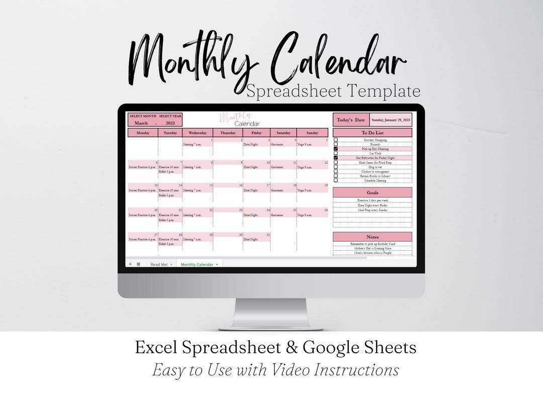 Monthly Calendar Google Sheet and Excel Spreadsheet, Monthly Calendar ...