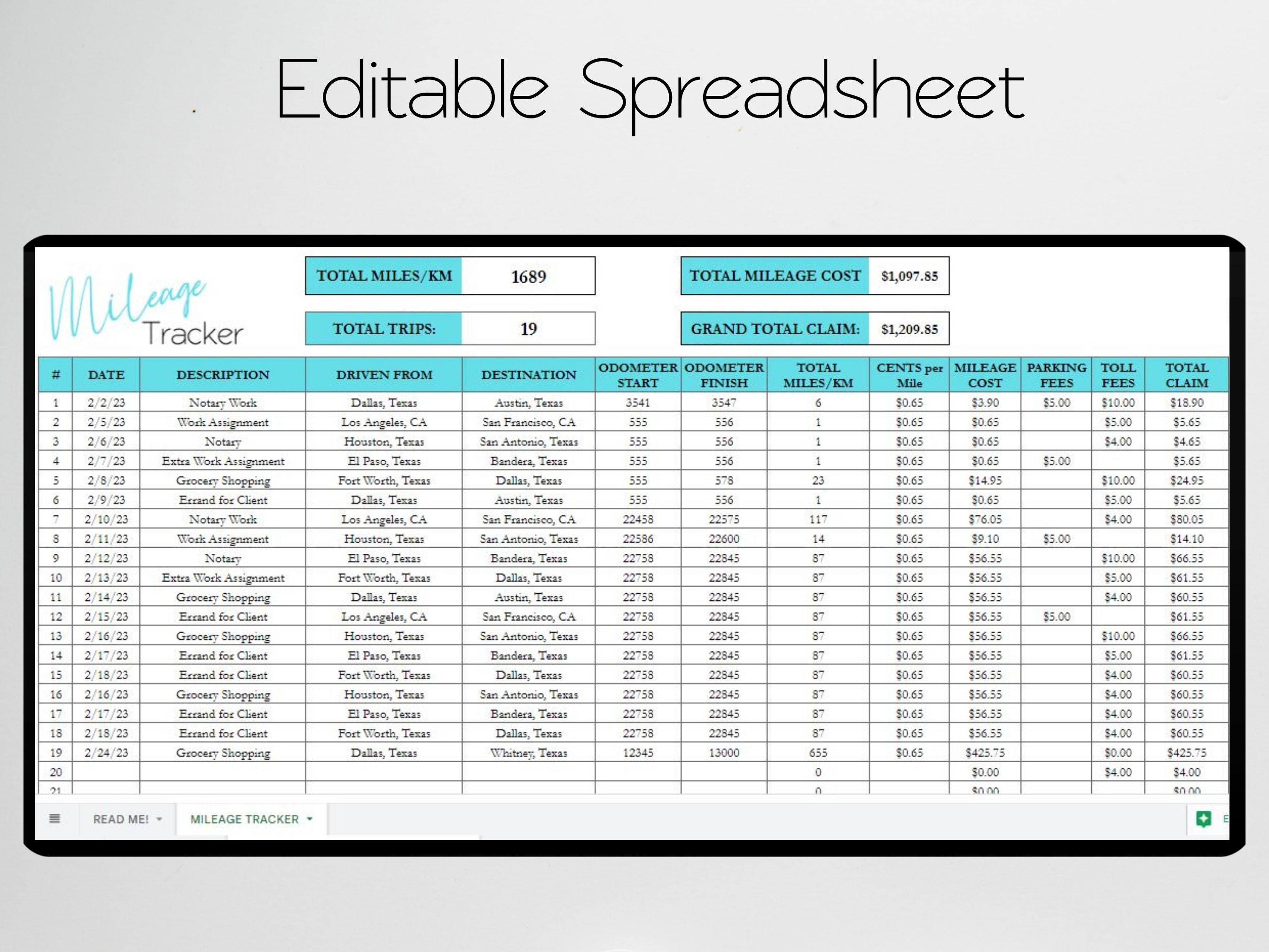 Mileage Log Excel, Mileage Calculator, Mileage Form, Mileage Tracker
