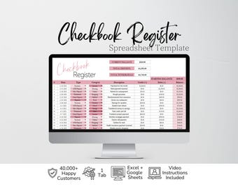 Checkbook Register Excel Spreadsheet, Digital Check Book Google Sheets Template, Spending Tracker, Bill