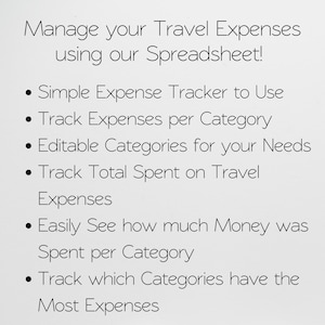 May include: A white background with black text promoting a travel expense spreadsheet. The text reads "Manage your Travel Expenses using our Spreadsheet!" and lists features like expense tracking and editable categories.