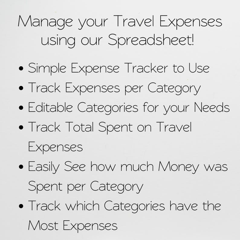 May include: A white background with black text promoting a travel expense spreadsheet. The text reads "Manage your Travel Expenses using our Spreadsheet!" and lists features like expense tracking and editable categories.