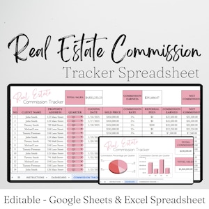 Google-spreadsheets vastgoedcommissietracker, sjablonen voor makelaars, makelaarsverkooptracker spreadsheetsjabloon, commissie-inkomsten