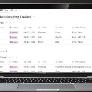 May include: A laptop screen displaying a "Bookkeeping Tracker" spreadsheet. The spreadsheet shows expense and income entries for April and February, including items like pants, candles, rugs, and cleaning services. The laptop is on a dark surface.