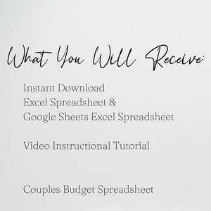 K&ouml;nnte beinhalten: Text auf wei&szlig;em Hintergrund, der "What You Will Receive:" lautet, gefolgt von einer Liste von Elementen: Sofortiger Download, Excel-Tabelle & Google Sheets Excel-Tabelle, Video-Anleitung, Haushaltsbudget-Tabelle f&uuml;r Paare.