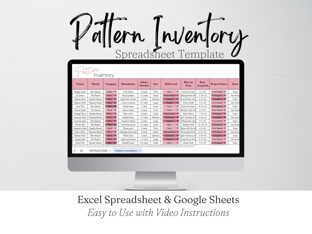 Spreadsheet Patterns Pattern Inventory Tracker Spreadsheet Template, Pattern Organizer Craft ...