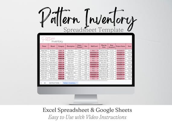 Pattern Inventory Tracker Spreadsheet Template, Pattern Organizer Craft Organization Sewing Knitting Quilting Crochet Patterns Google Sheets
