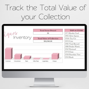May include: A computer monitor displays a pink and white inventory chart. The text at the top reads "Track the Total Value of your Collection." The chart shows the total value of the collection is $10,940.00. The top 10 items are listed on the right.