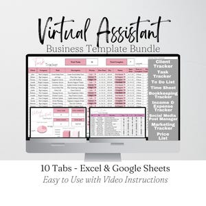 Könnte beinhalten: Ein Computermonitor zeigt ein "Virtual Assistant Business Template Bundle". Der Bildschirm zeigt Tabellenkalkulationen mit rosa Akzenten, darunter "Task Tracker", "Client Tracker" und "Income & Expense Tracker". Der Text unten lautet "10 Tabs - Excel & Google Sheets."