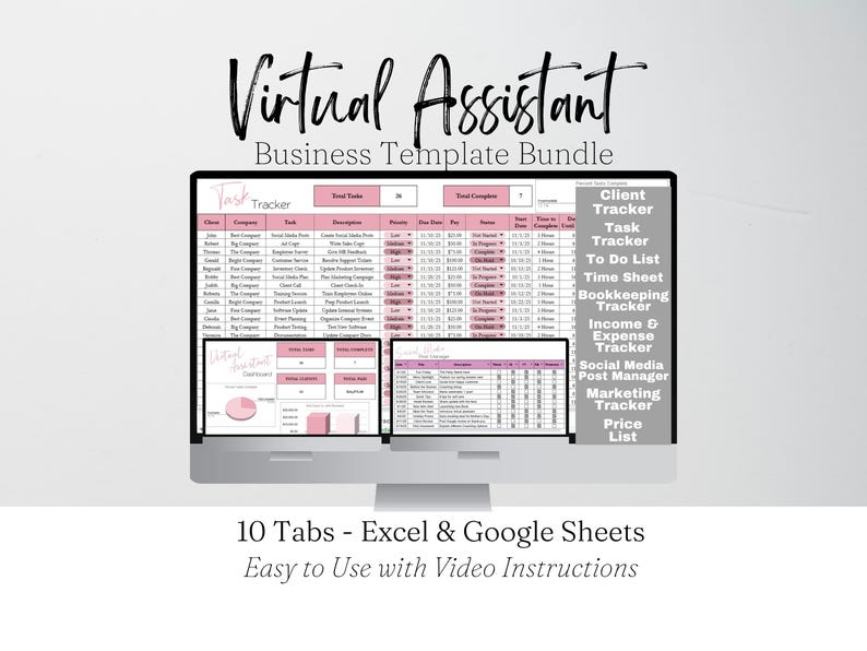May include: A computer monitor displays a "Virtual Assistant Business Template Bundle." The screen shows spreadsheets with pink accents, including "Task Tracker," "Client Tracker," and "Income & Expense Tracker." Text at the bottom reads "10 Tabs - Excel & Google Sheets."