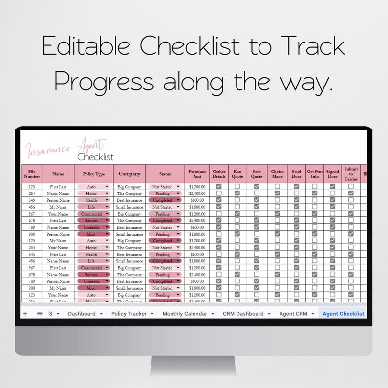 May include: A computer monitor displays a digital checklist titled "Insurance Agent Checklist." The checklist is organized in a table format with columns for file numbers, names, policy types, and statuses. The text "Editable Checklist to Track Progress along the way" is at the top.