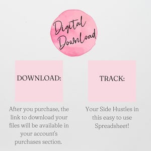 Może przedstawiać: Grafika do pobrania cyfrowego z r&oacute;żowym akwarelowym okręgiem i tekstem. Tekst brzmi "Digital Download". Poniżej znajdują się dwa r&oacute;żowe kwadraty ze słowami "DOWNLOAD:" i "TRACK:" oraz tekst objaśniający.