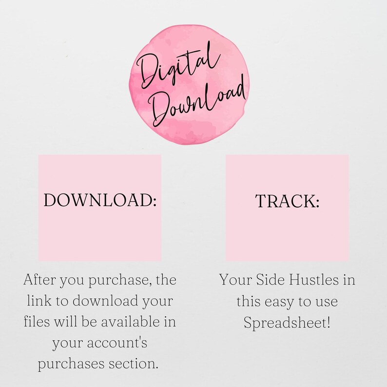 Może przedstawiać: Grafika do pobrania cyfrowego z r&oacute;żowym akwarelowym okręgiem i tekstem. Tekst brzmi "Digital Download". Poniżej znajdują się dwa r&oacute;żowe kwadraty ze słowami "DOWNLOAD:" i "TRACK:" oraz tekst objaśniający.