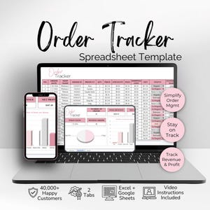 May include: An Order Tracker Spreadsheet Template displayed on a laptop screen, a tablet, and a smartphone. The interface features pink and white data tables, bar charts, and pie charts for order management, revenue, and profit tracking.