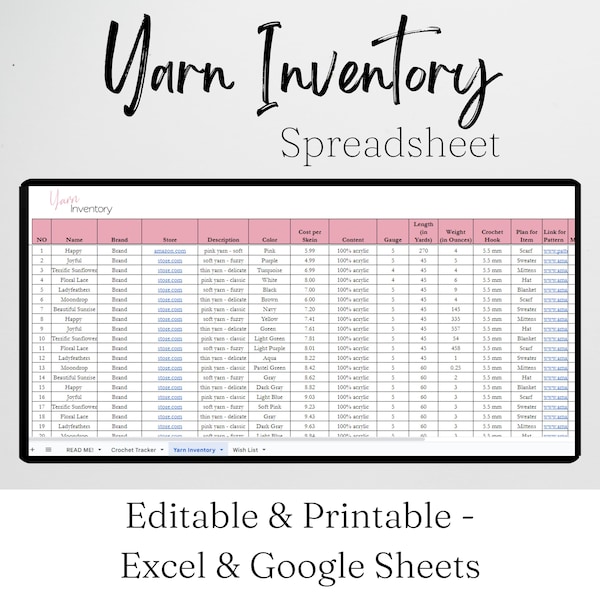 Yarn Inventory Tracker Excel Spreadsheet, Yarn Organizer Worksheet Google Sheets, Knitting, Crochet, Knitting Template Yarn Template Stash