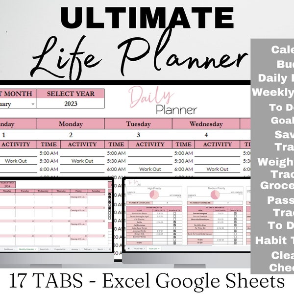 Life Planner Digital Template Google Sheets, Digital Life Planner, Life Balance, Daily Planner Excel Spreadsheet, Editable Template