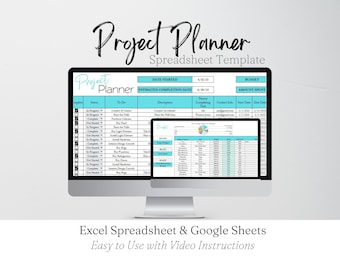 Gestione progetti, pianificatore di produttività, modello di business planner, modello digitale modificabile, foglio di calcolo Excel, foglio di calcolo Google